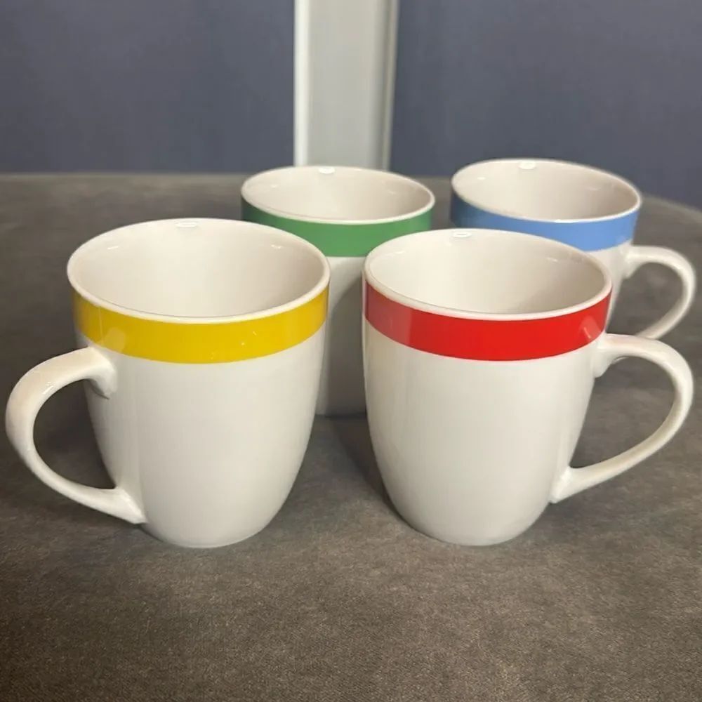 Vremi Feasting Time Coffee Tea Mugs 12oz White Porcelain Colored Stripe NEW